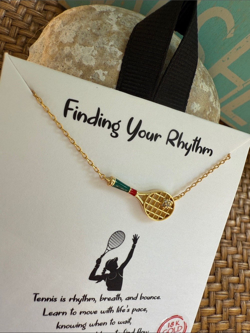 Gold Tennis Racket Necklace with Green and Red Accent - Finding Your Rhythm - Picture 5 of 8